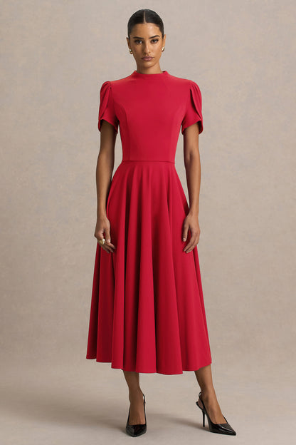 Vicky | Red High Neck Midi Dress With Puff Sleeves