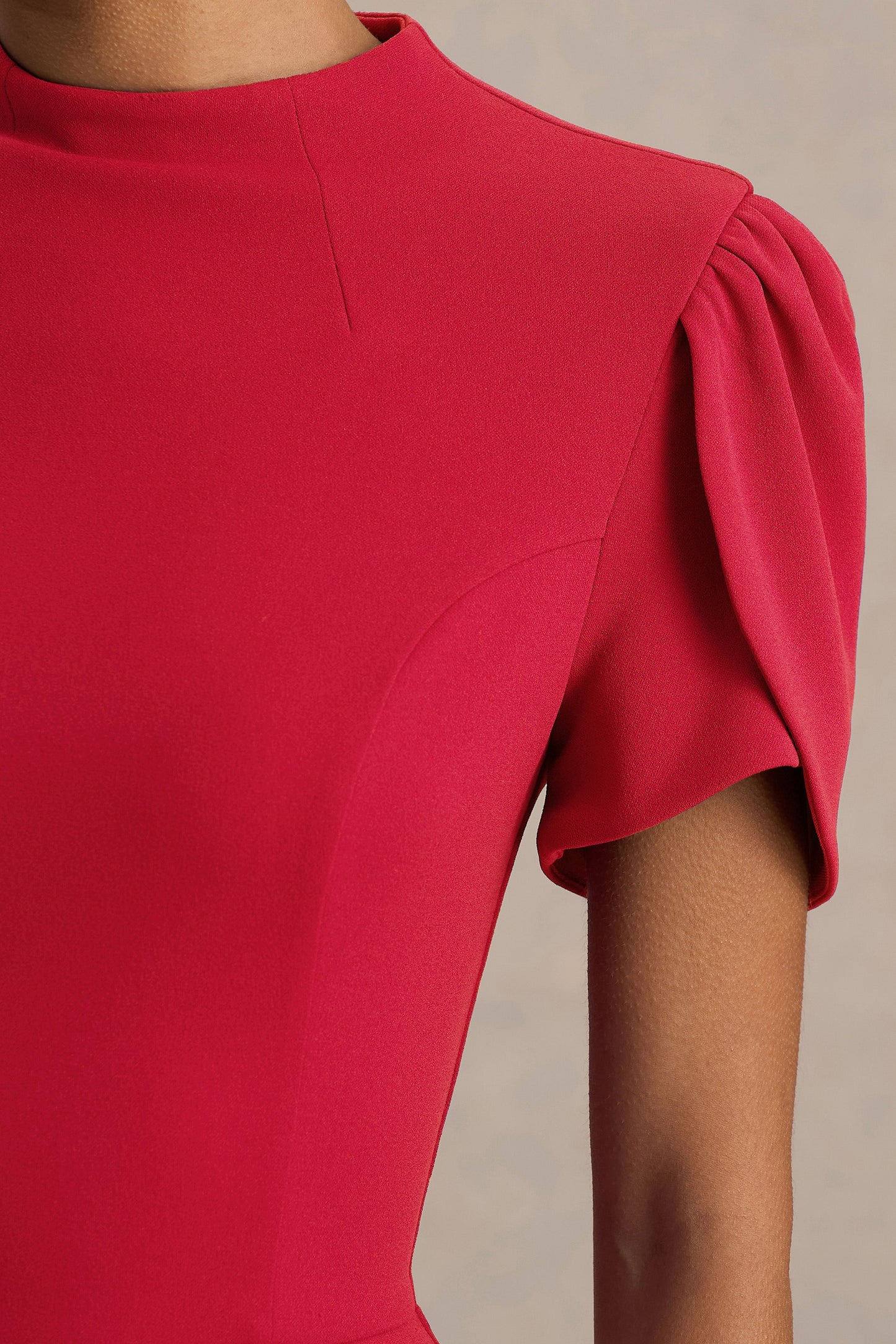 Vicky | Red High Neck Midi Dress With Puff Sleeves
