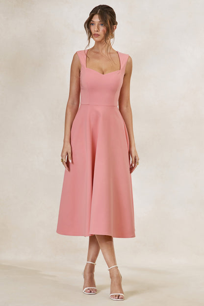 Andromeda | Coral Sweetheart-Neck Midi Dress