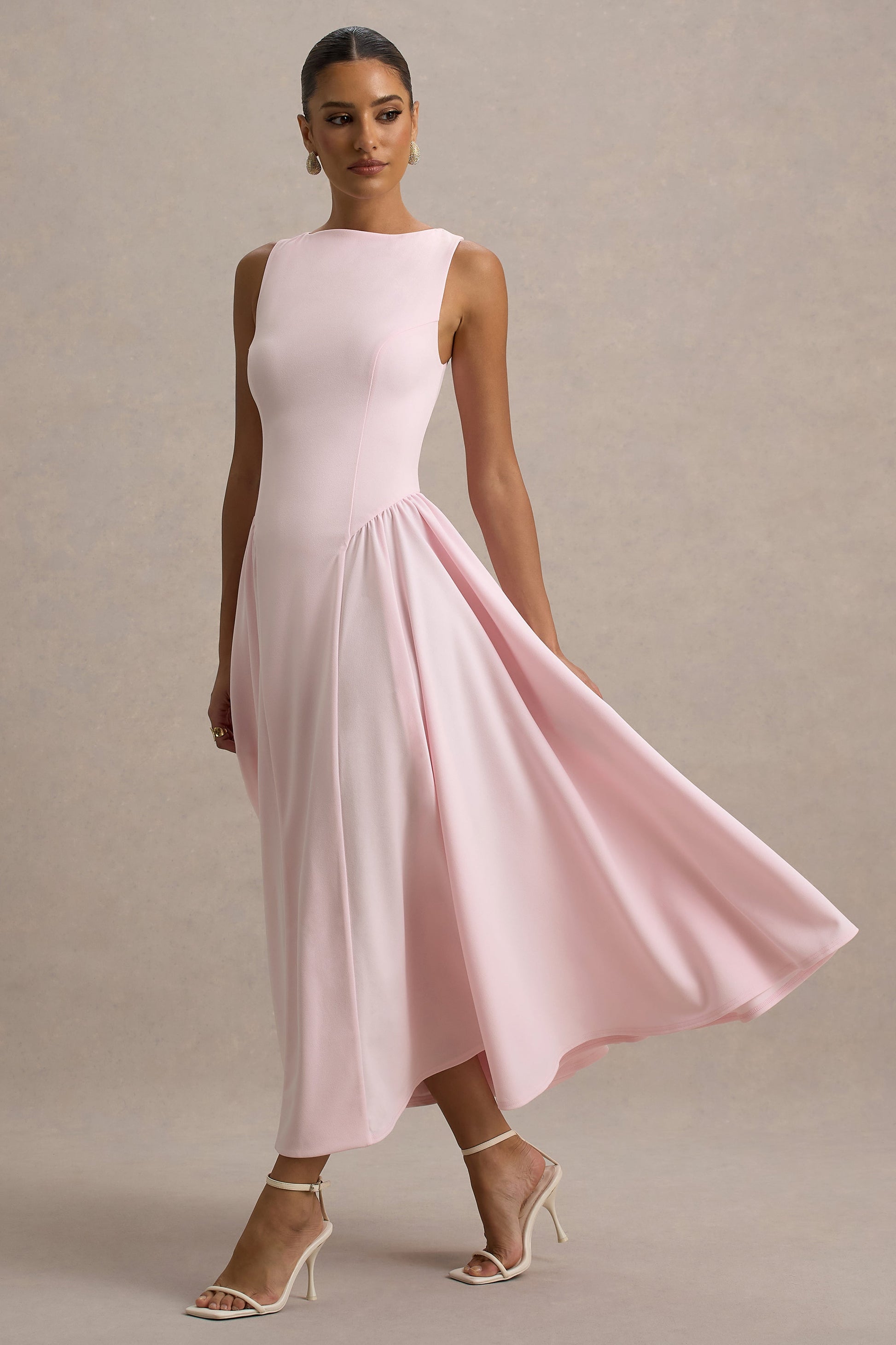 Muriel | Pink Boat-Neck Volume-Hem Midi Dress