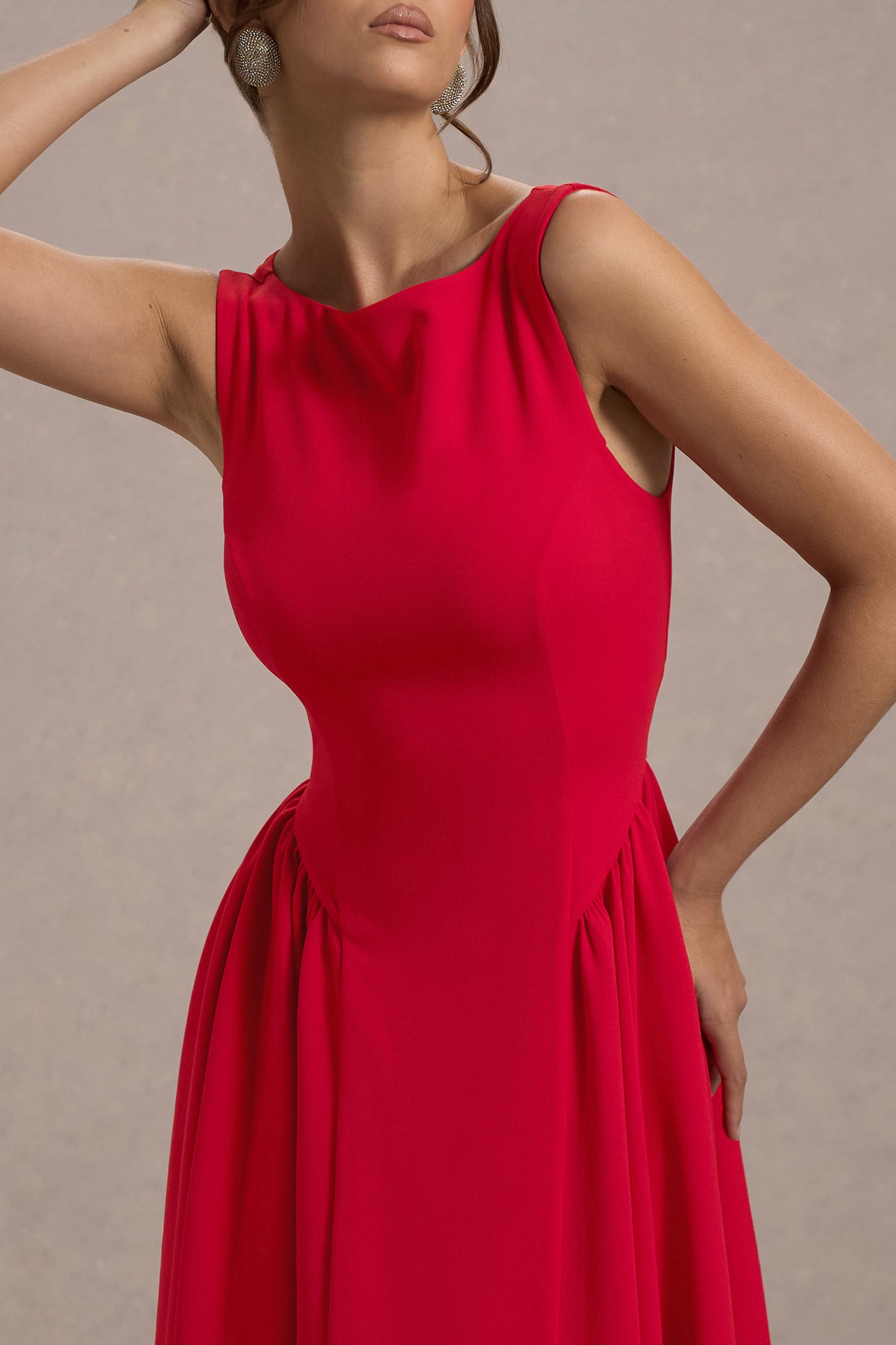 Muriel | Red Boat-Neck Volume-Hem Midi Dress