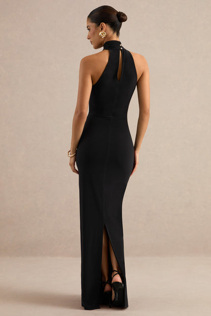 Maebelle | Black Asymmetric-Neck Maxi Dress With Collar
