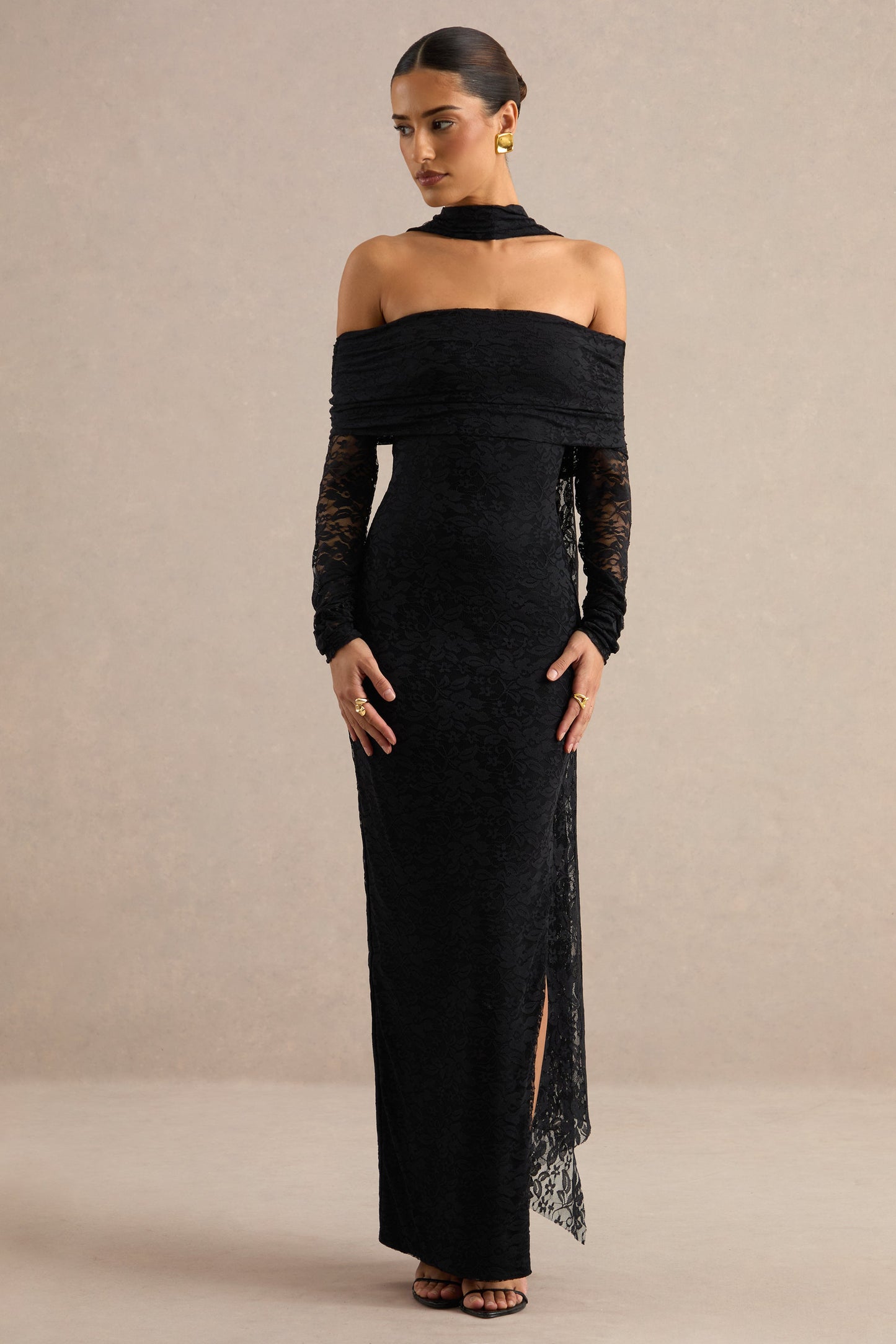 Maelora | Black Lace Bardot-Neck Maxi Dress With Scarf
