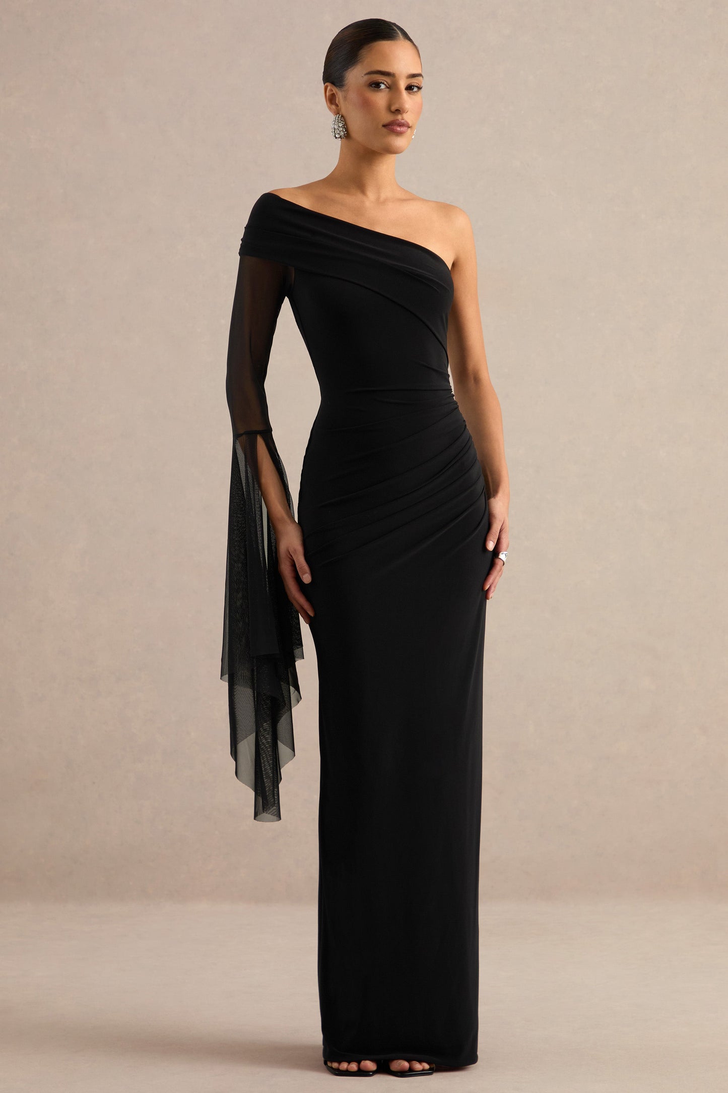 Evony | Black Asymmetric-Neck Maxi Dress With Sheer Cape Sleeve