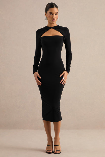 Filomena | Black Round-Neck Midi Dress With Cut-Out