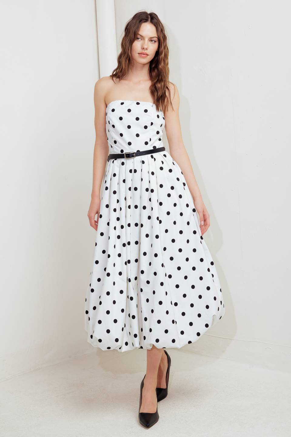 POLKA DOT WHITE & BLACK BUBBLE HEM MIDI DRESS