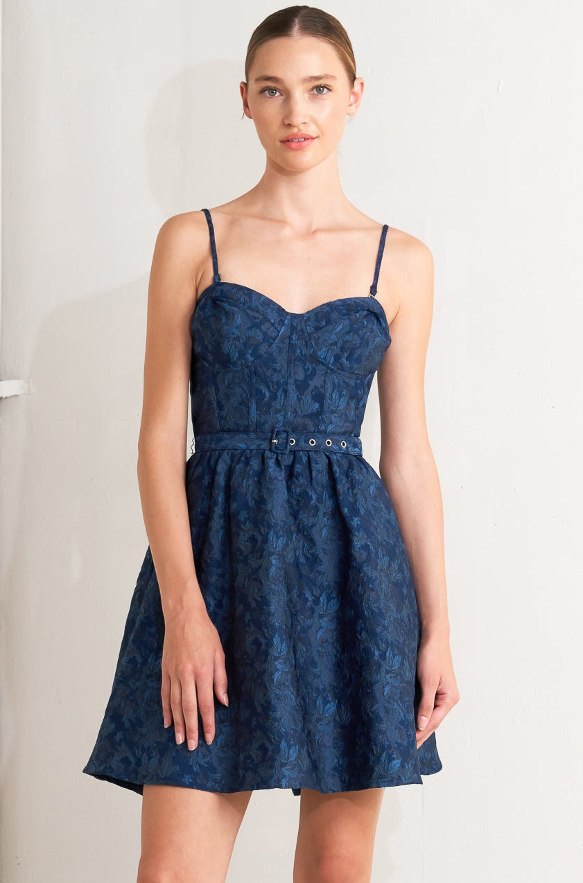 NAVY ROMANCE JACQUARD MINI DRESS