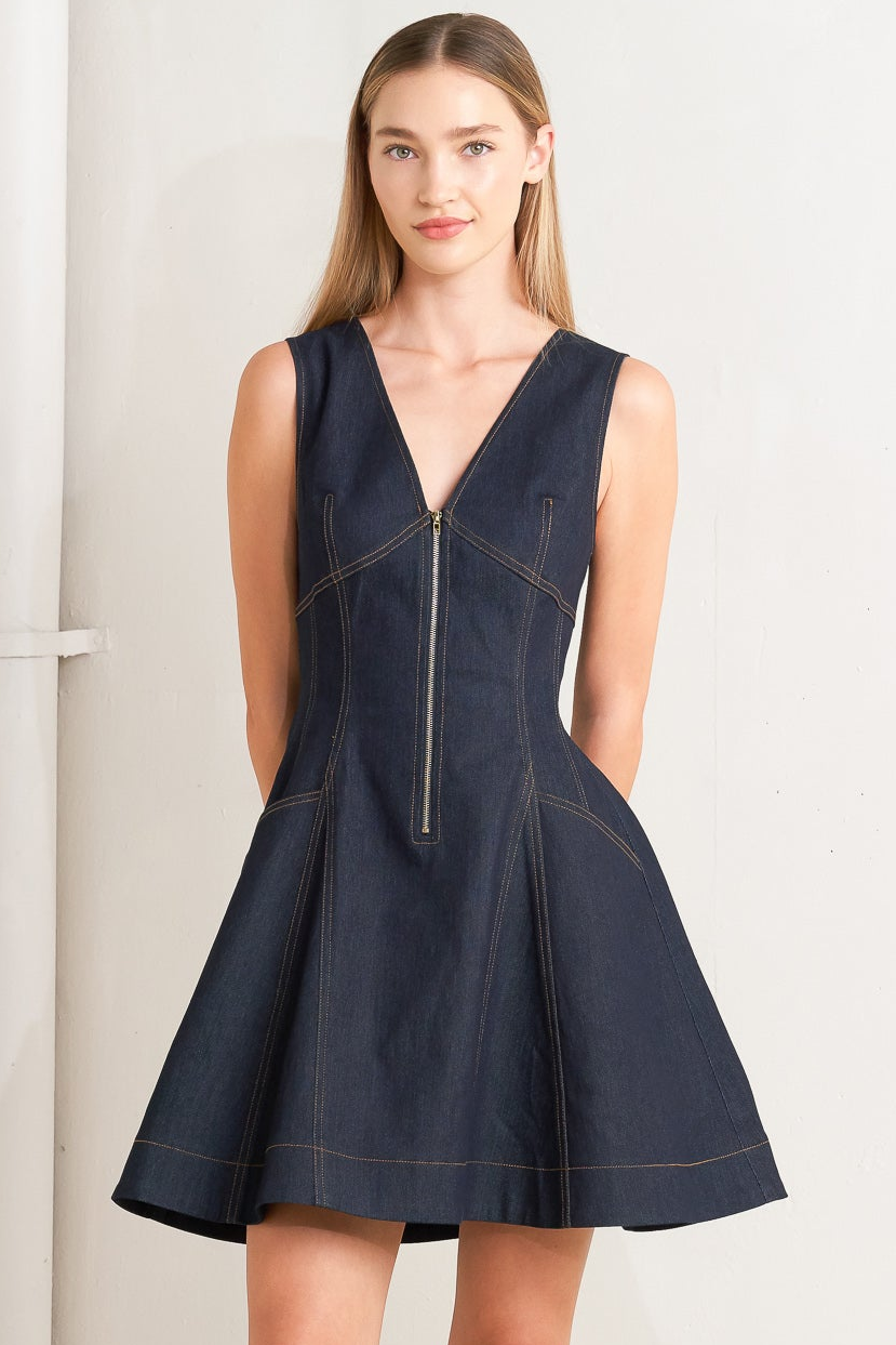 FRESH EDIT V-NECK ZIP FRONT DARK DENIM MINI DRESS