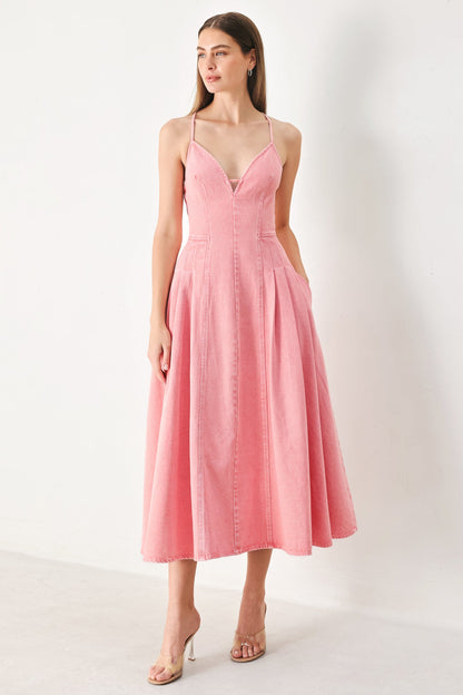 PINK HAZE OPEN BACK DENIM MIDI DRESS