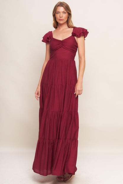 SUMMER EVERMORE DEEP RED FLUTTER SLEEVE MAXI DRESS