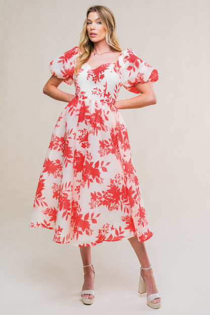 COTTAGE GARDEN PUFF SLEEVE MIDI DRESS RED FINAL