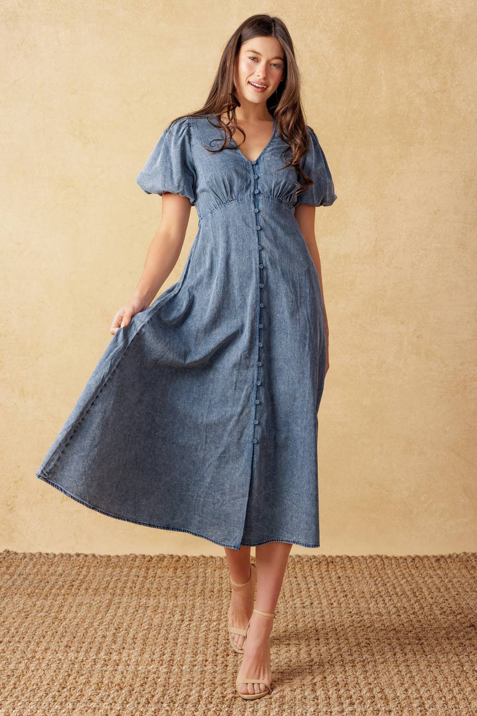 FOREVER MINE PUFF SLEEVE DENIM MIDI DRESS