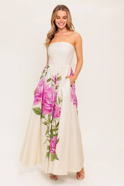 CAUGHT IN THE BREEZE STRAPLESS FLORAL MAXI DRESS