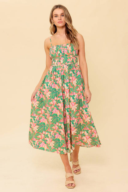 STORYTELLING PINK & GREEN MIDI DRESS WITH POCKETS