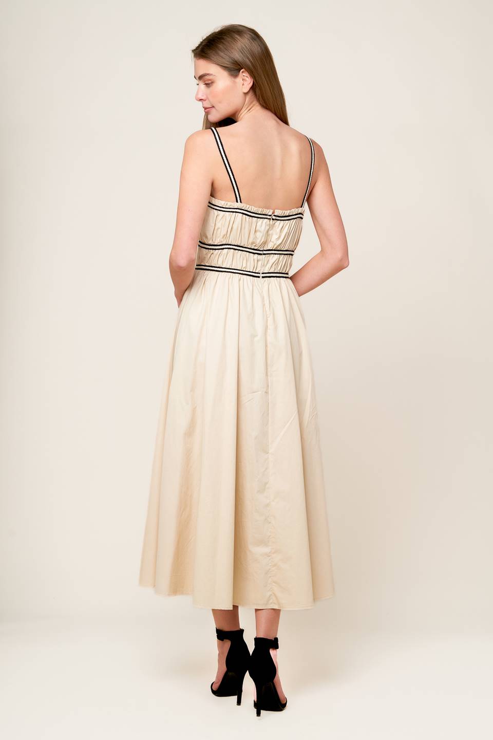 TERRIFIC TIMING BLACK TRIM IVORY MIDI DRESS