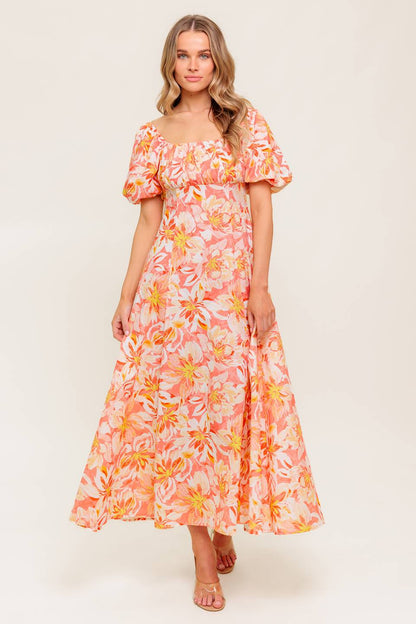 ISLAND FLOWERS PUFF SLEEVE MIDI DRESS CORAL
