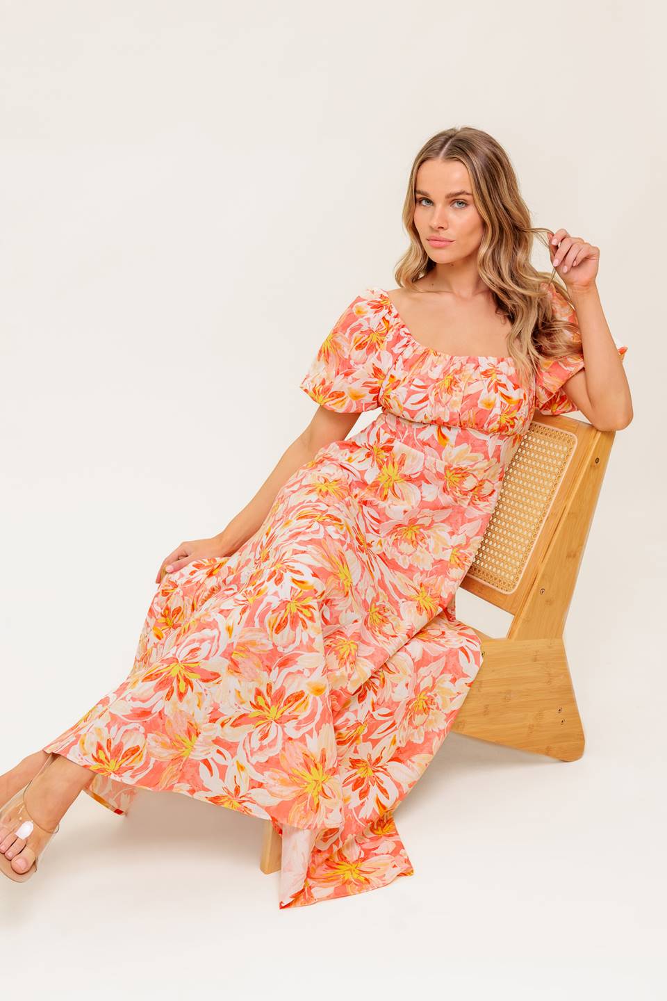 ISLAND FLOWERS PUFF SLEEVE MIDI DRESS CORAL