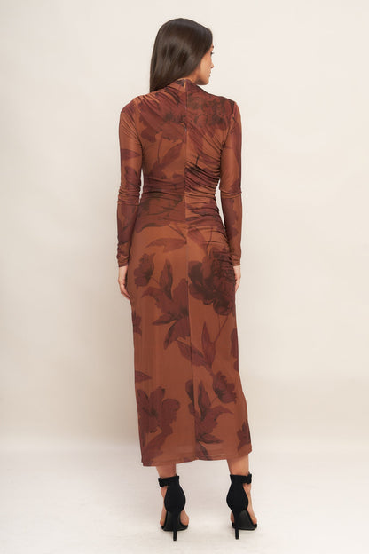 AMBER FLORA POWER MESH MIDI DRESS