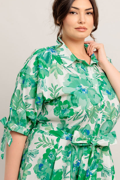 SIMPLY IN BLOOM GREEN FLORAL MIDI SHIRT DRESS