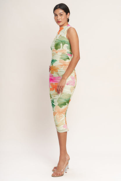 COLORFUL CONFIDENCE POWER MESH MIDI DRESS
