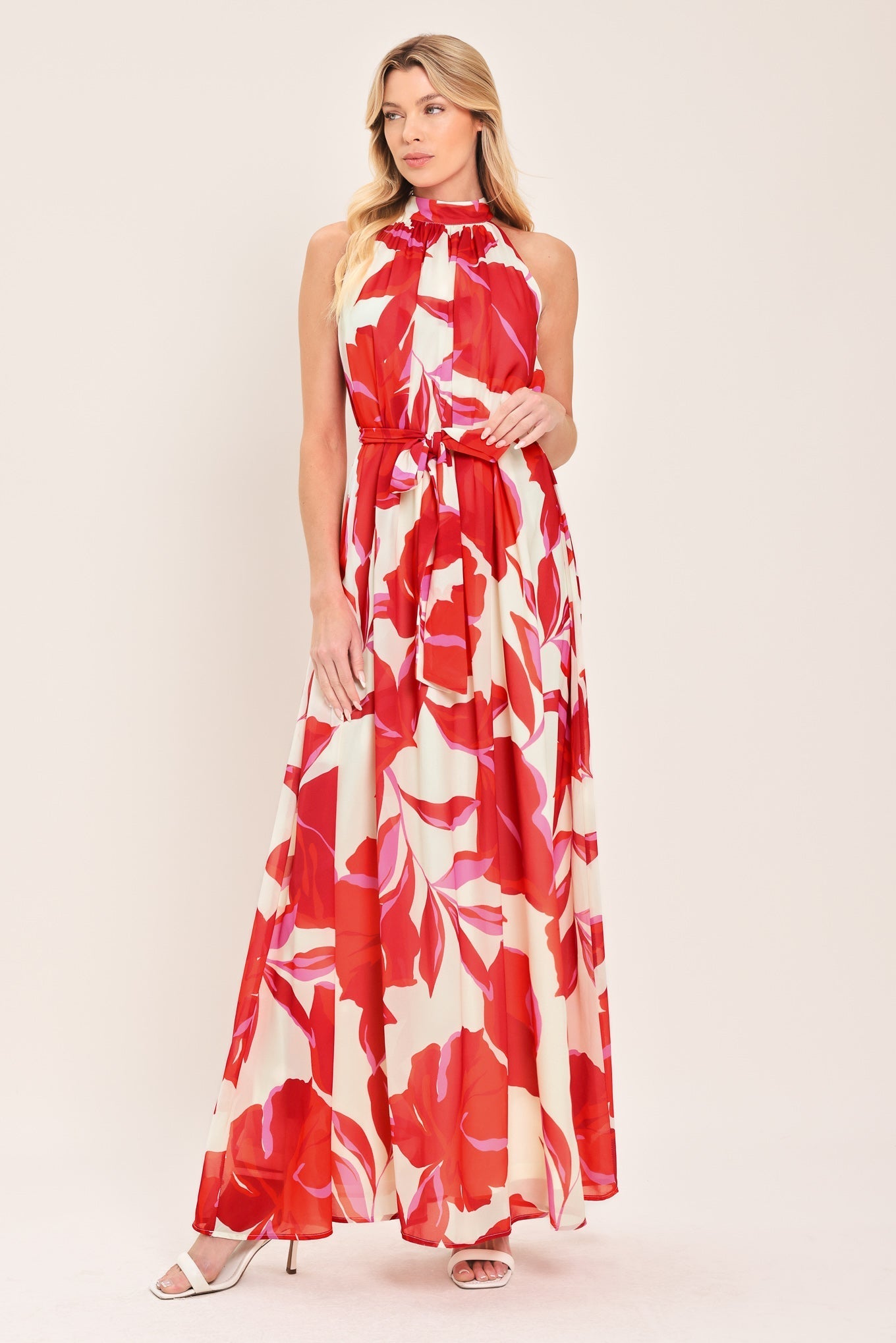 FIJI FLOWER HALTER RED MAXI DRESS