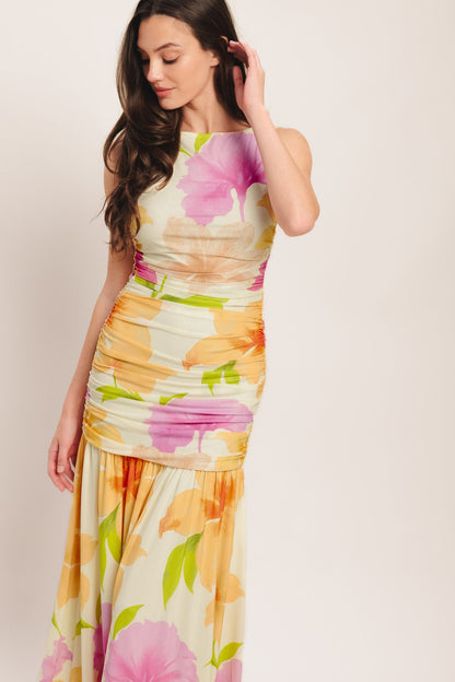 WARM BREEZE BLOOMS POWER MESH MAXI DRESS