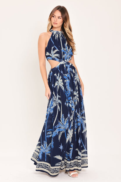 Tropical Palm Print Halter Maxi Dress