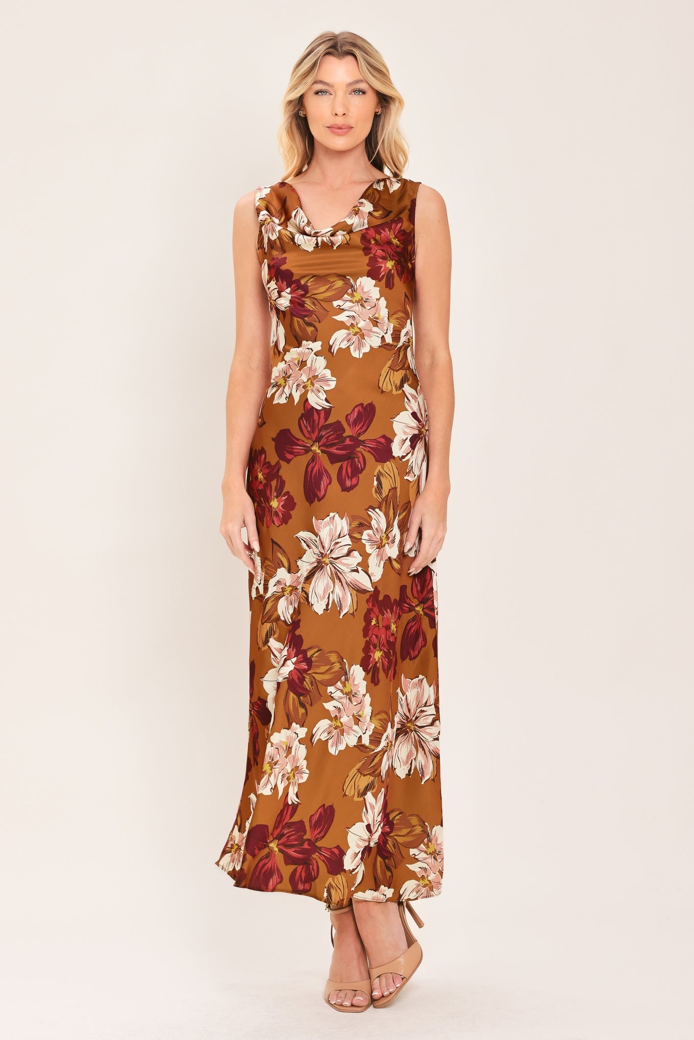 CARAMEL SPICE FLORAL COWL MIDI DRESS