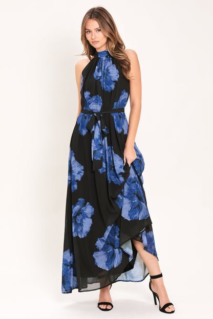 EVENING ORCHARD BLUE FLORAL HALTER MAXI DRESS