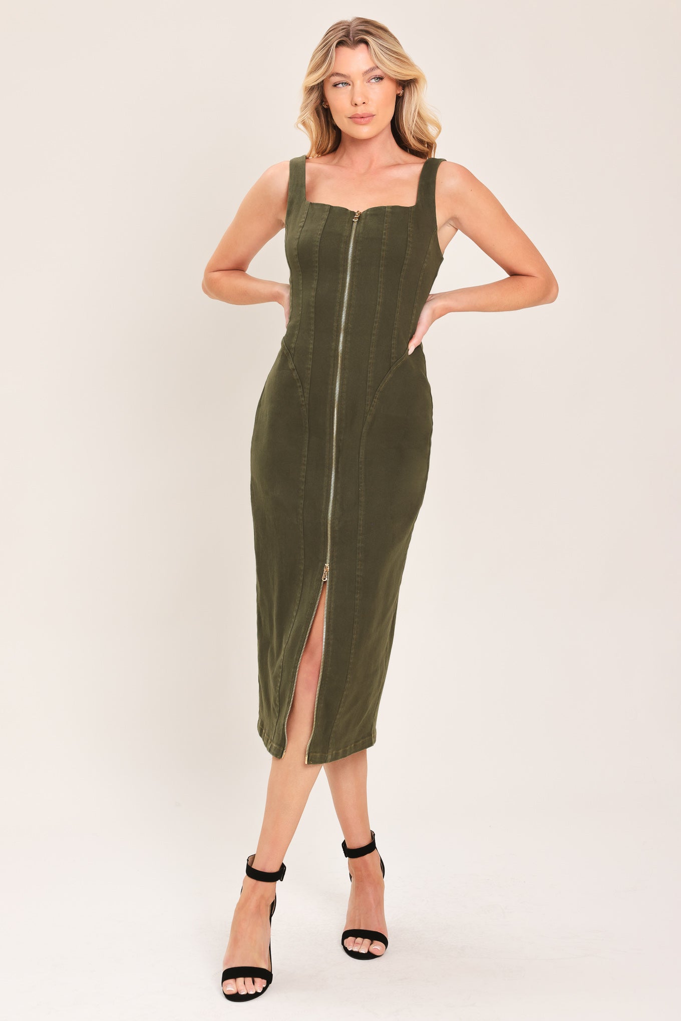 MODERN CARGO CHIC OLIVE ZIP FRONT MIDI DRESS
