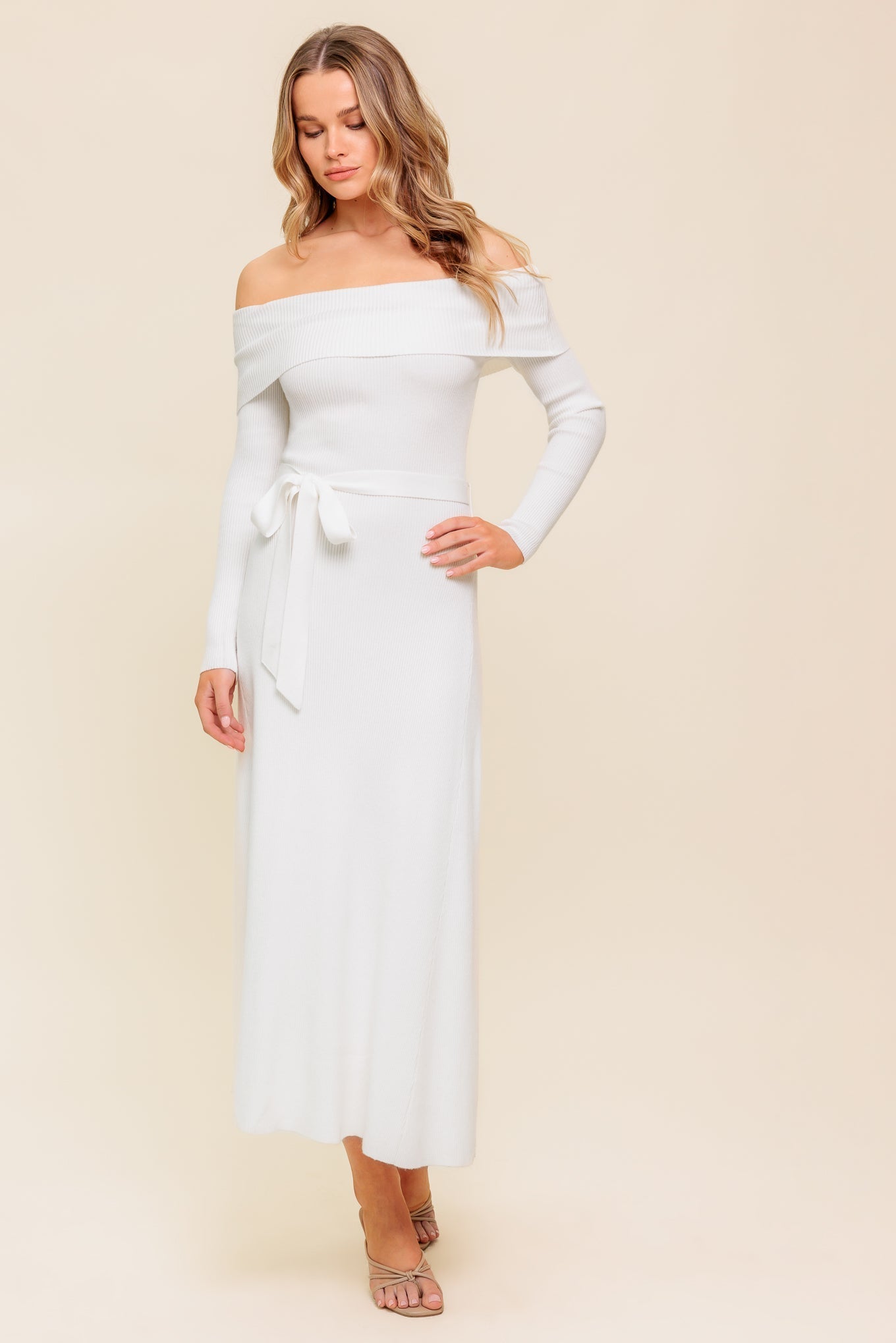 RUSTIC RETREAT OFF THE SHOULDER SWEATER DRESS
