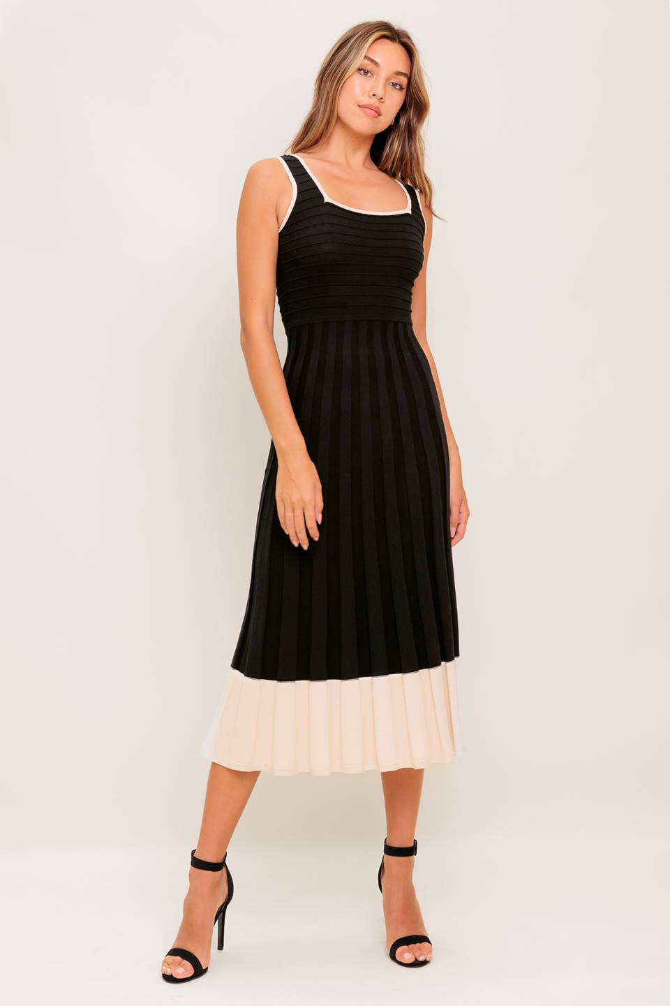 LAUREL BLACK & CREAM SWEATER MIDI DRESS
