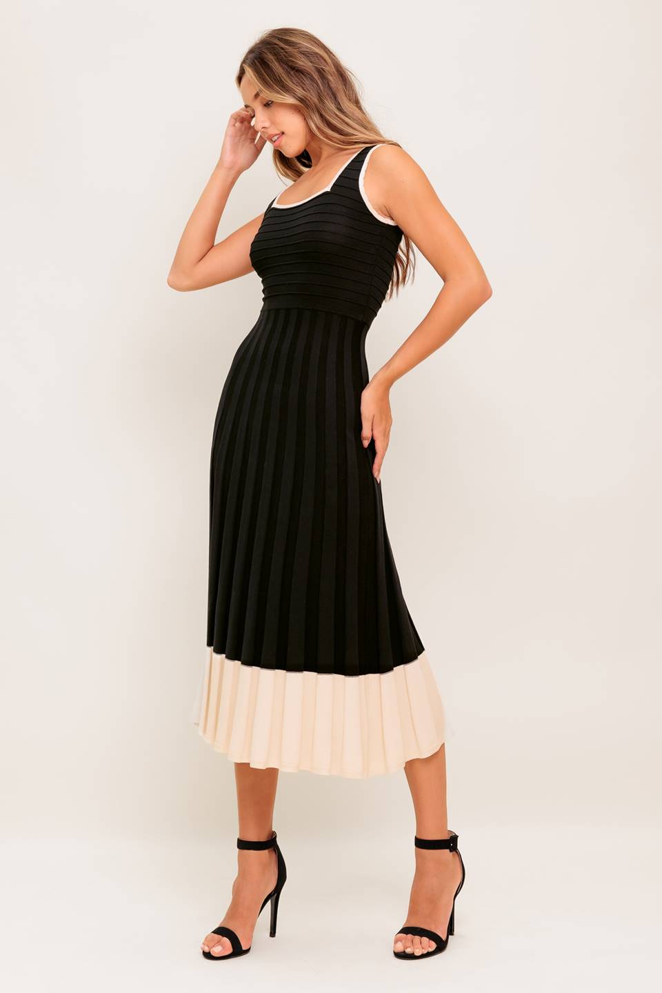 LAUREL BLACK & CREAM SWEATER MIDI DRESS