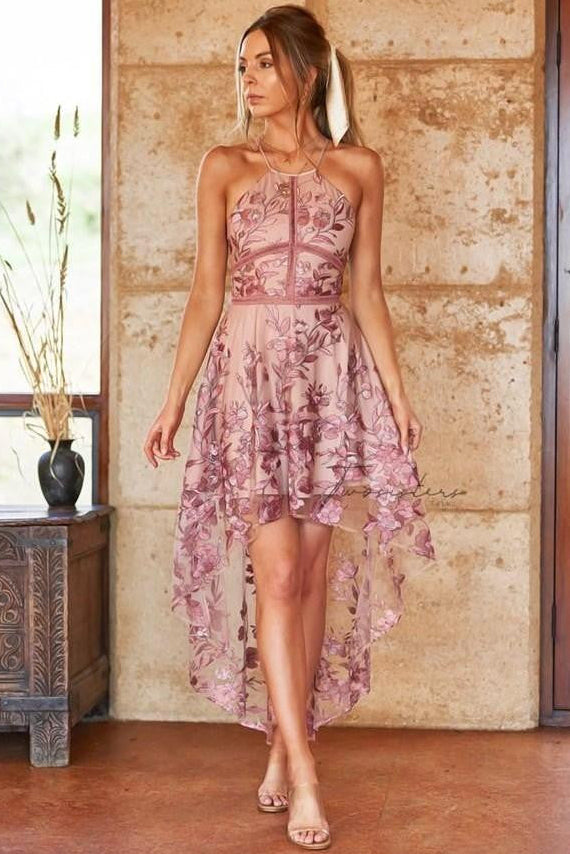 Jennifer Dress Embroidered Floral High-Low Hemline