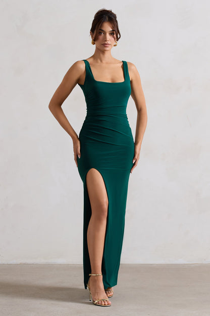 Kate | Bottle Green Square Neck Maxi Dress with Plunge Back and Side Thigh Split