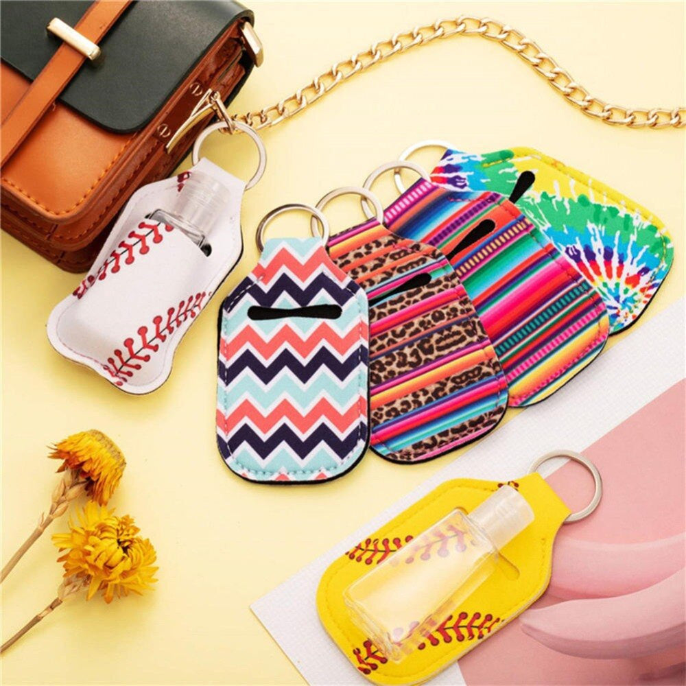 Stylish hand sanitizer keychain holder with floral designs