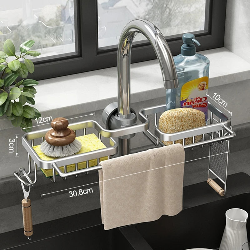 IzizKitchenSpaceAluminumSinkDrainRackSpongeStorageFaucetHolderSoapDrainerShelfBasketOr