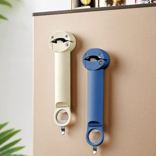 Compact and portable retractable bottle opener folded for easy storage in kitchen drawer