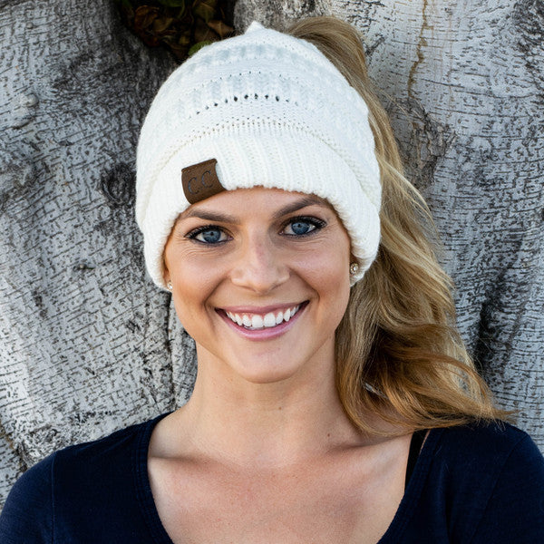 Soft Knit Ponytail Beanie  white
