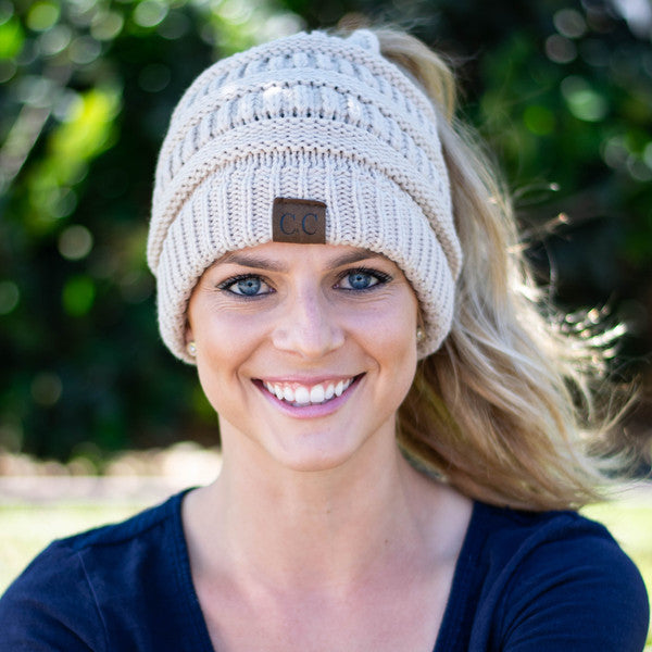 Soft Knit Ponytail Beanie beige