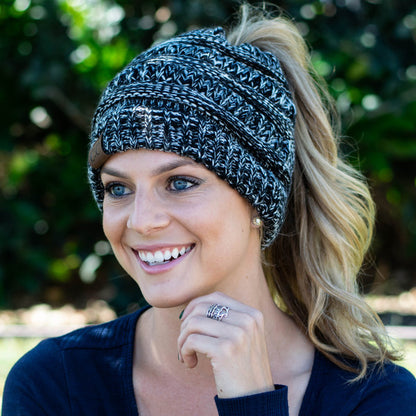 Soft Knit Ponytail Beanie black and white