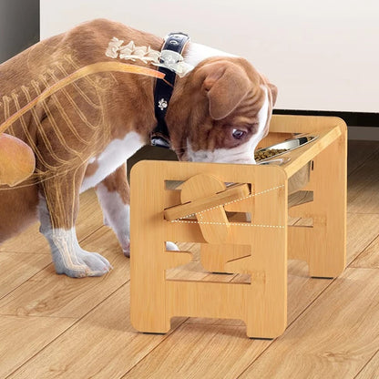 Bamboo Tilted Adjustable Elevated Dog Bowls with Stainless Steel Food Bowls for Pets