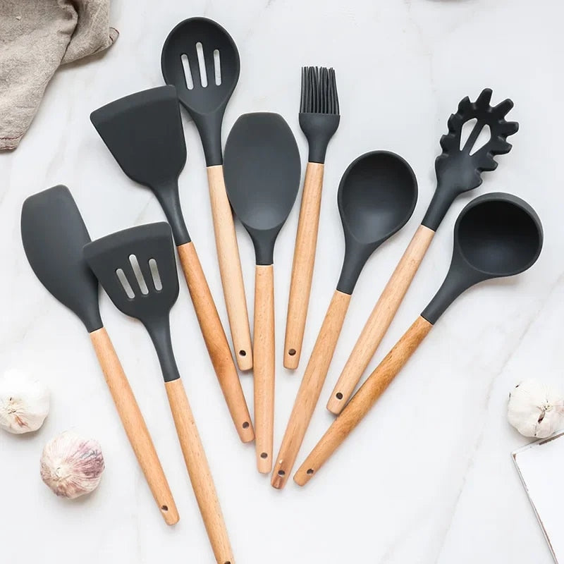 NCWS12PCSSiliconeKitchenwareNonStickCookwareKitchenUtensilsSetSpatulaShovelEggBeatersWo