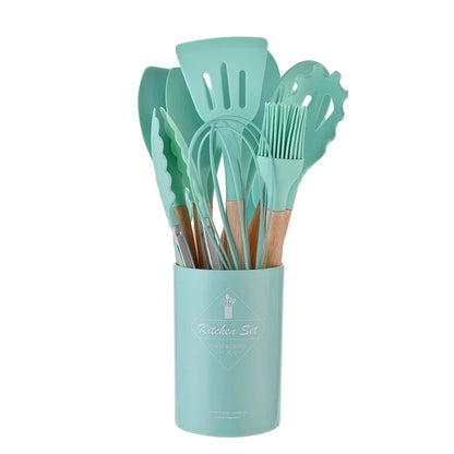 ya2E12PCSSiliconeKitchenwareNonStickCookwareKitchenUtensilsSetSpatulaShovelEggBeatersWo