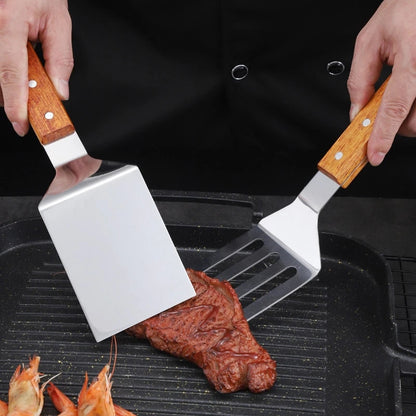 yA1qStainlessSteelWoodenHandleCookingSpatulaSteakPancakeFryingShovelTeppanyakiScraperBar