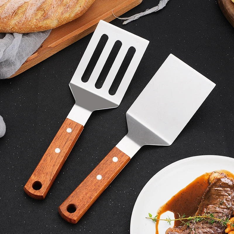 WpFlStainlessSteelWoodenHandleCookingSpatulaSteakPancakeFryingShovelTeppanyakiScraperBar
