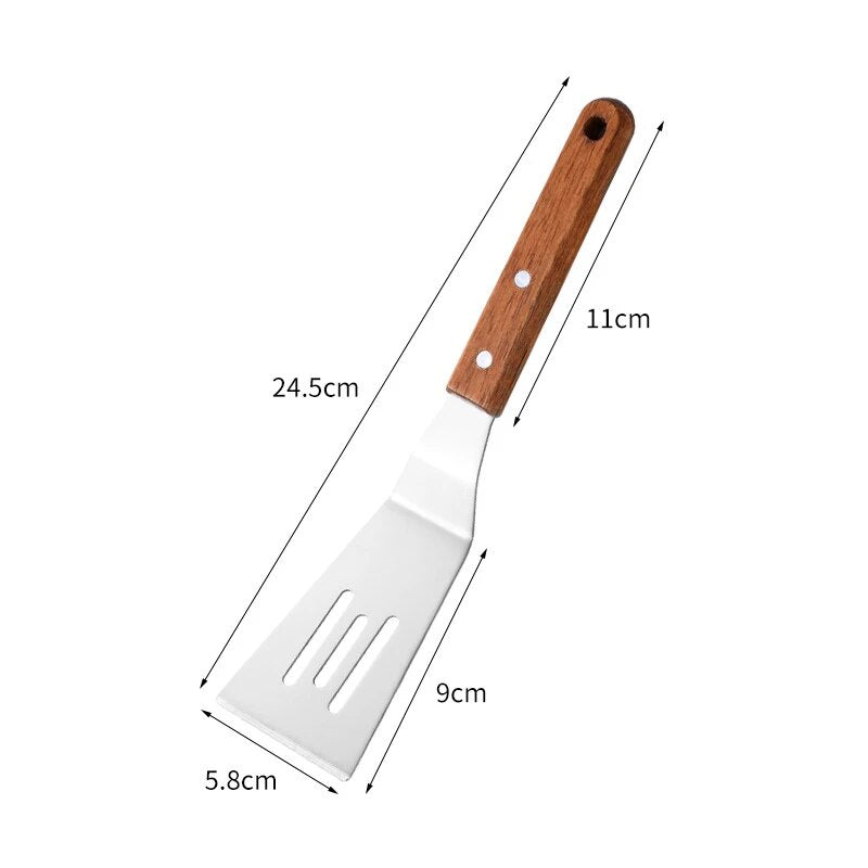 fNC6StainlessSteelWoodenHandleCookingSpatulaSteakPancakeFryingShovelTeppanyakiScraperBar