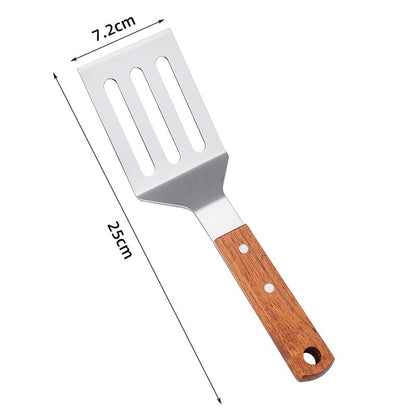 DTo9StainlessSteelWoodenHandleCookingSpatulaSteakPancakeFryingShovelTeppanyakiScraperBar