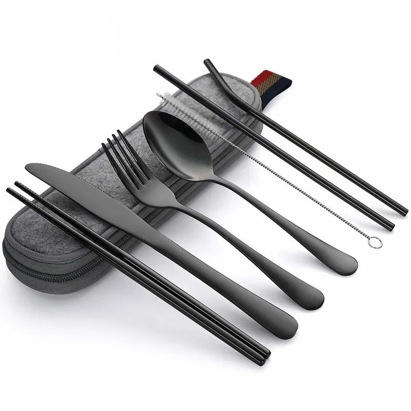 8Pcs Reusable Travel Cutlery Set with Stainless Steel Spoon, Fork, Chopsticks, Straw & Portable Case - Ideal for Camping