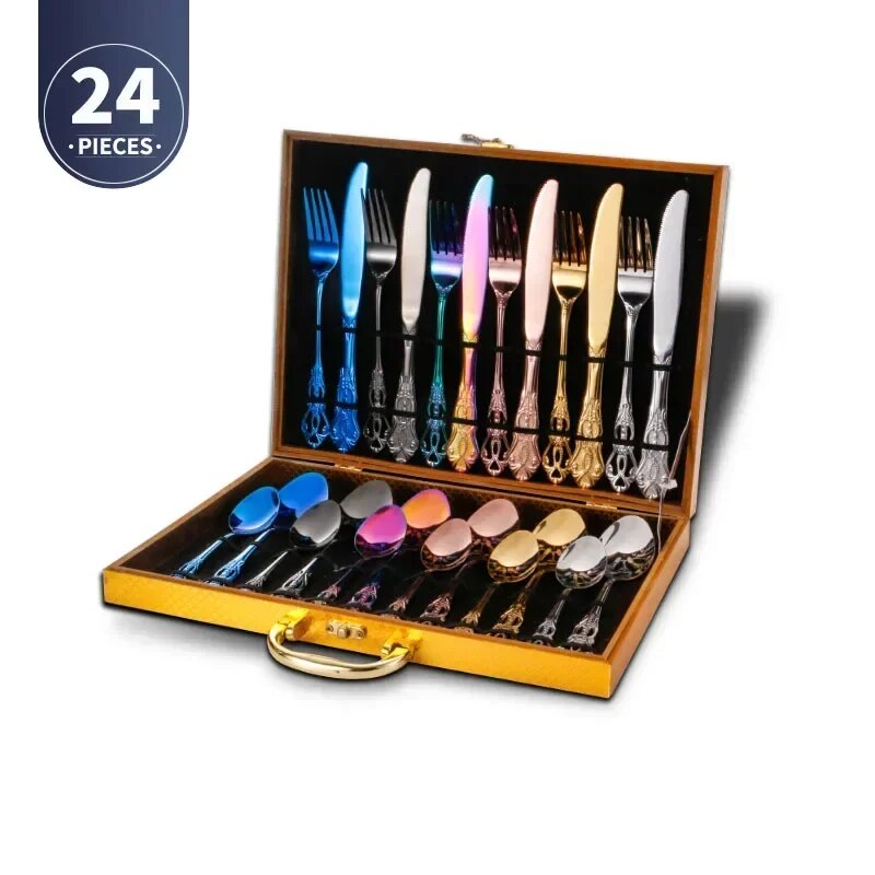 bM1vGoldenStainlessSteelCutlerySetLuxuryCompleteDinnerwareSetRoyalSpoonForksEuropeanGif